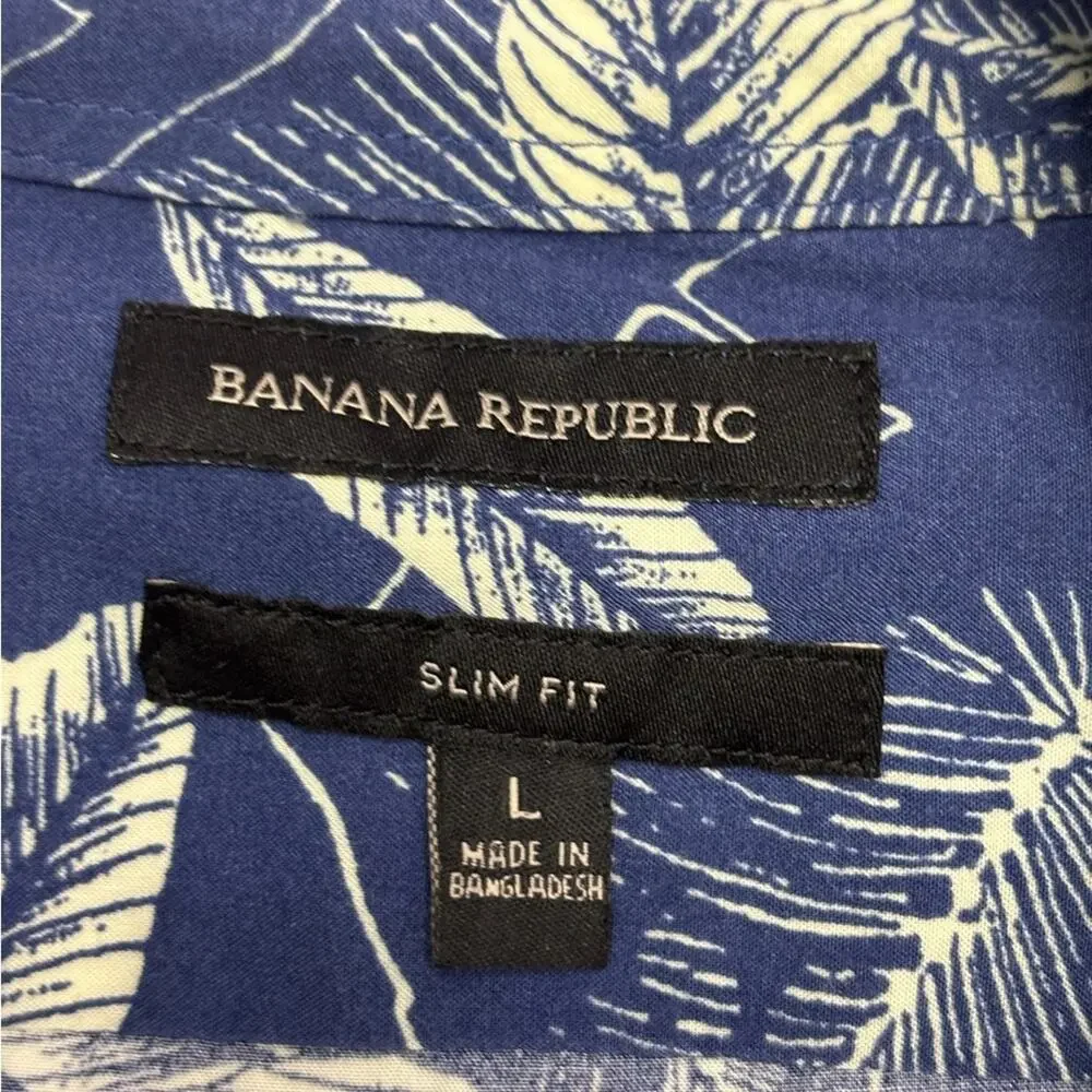 Banana Republic Blue and Cream Leaf Print Men's Shirt Slim Fit Size Large